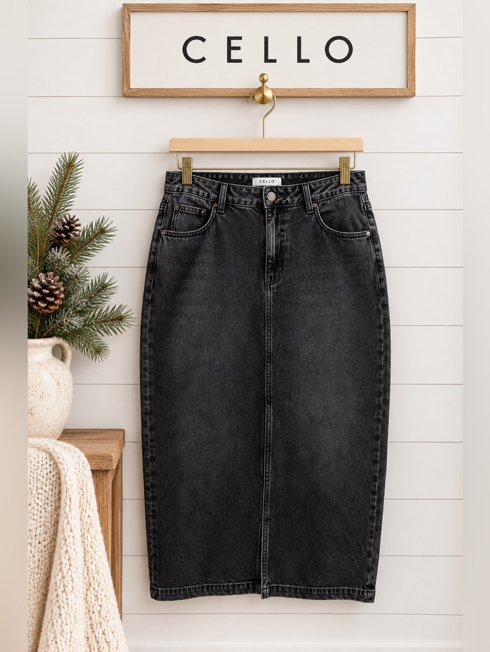CELLO Washed Black Denim Midi Pencil Skirt Size XL